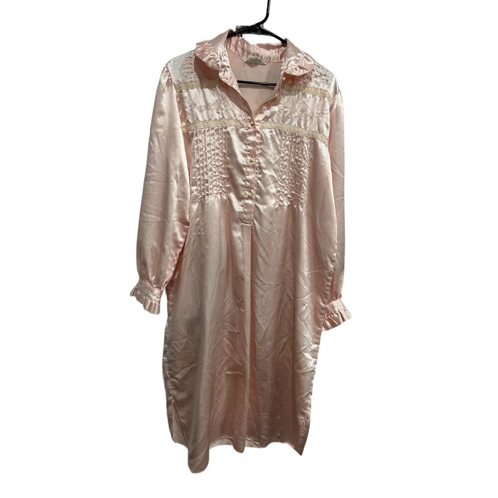 Vintage Jodie Arden Pink Satin Lace Half Button Up Nightgown Cottagecore Size M